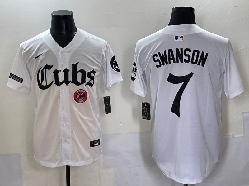 Men 2025 Chicago Cubs #7 Swanson White Five generations Joint Name Nike MLB Jersey style 13